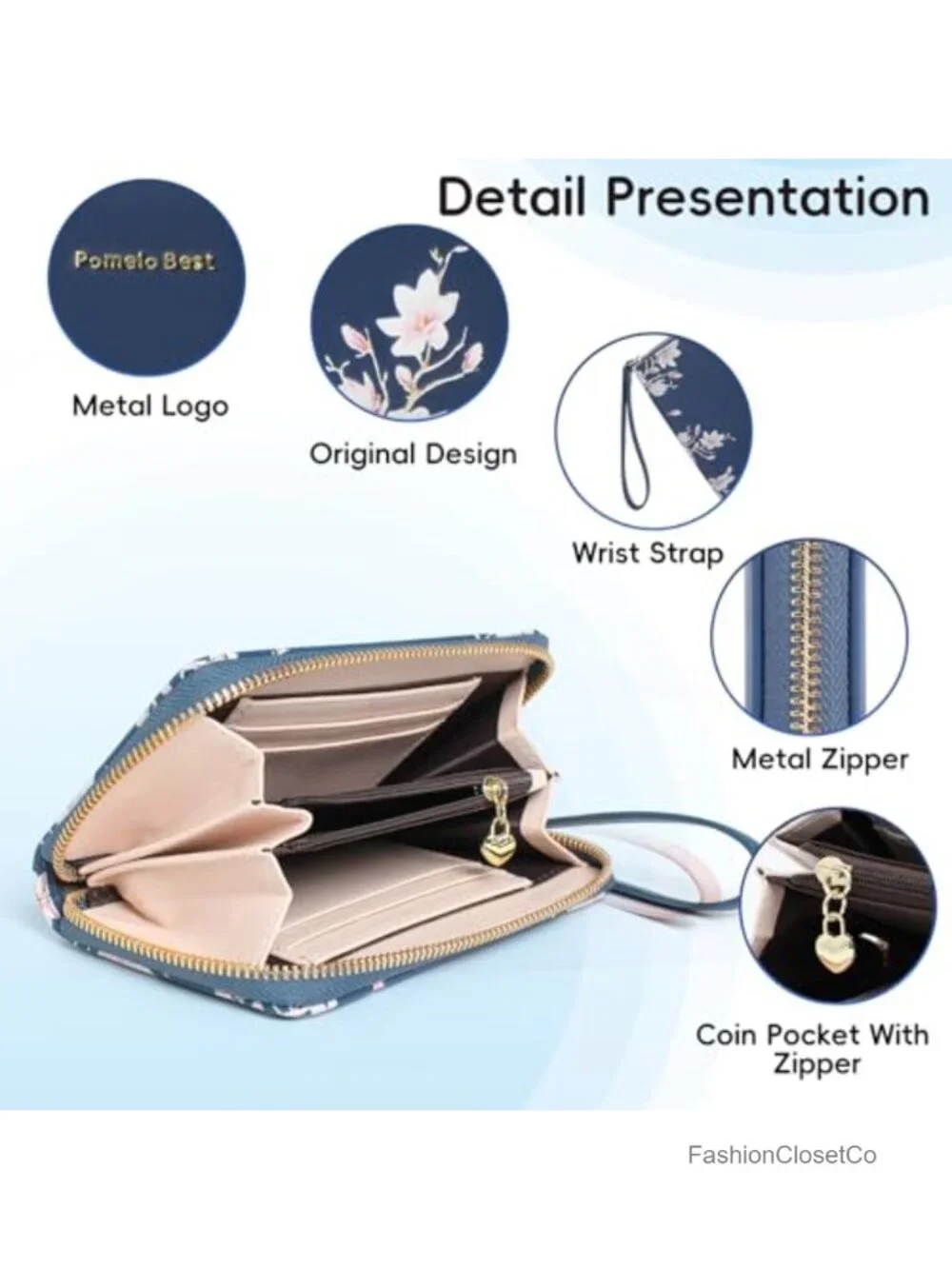 RFID Blocking Zipper Around PU Leather Wristlet Wallet